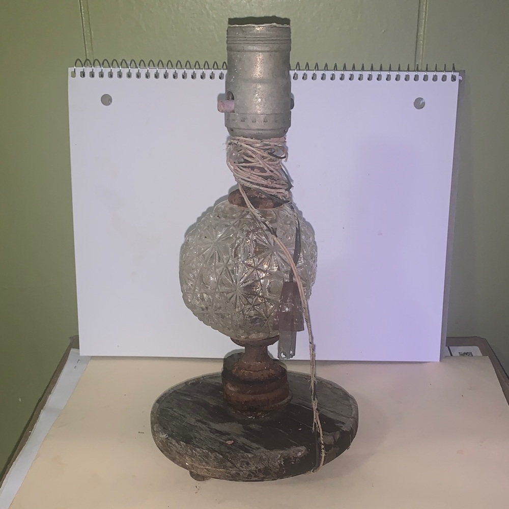 VERY OLD ANTIQUE Glass and Wood Table Lamp 100 + Years old